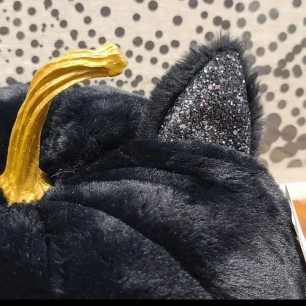 Faux Fur Black Cat Halloween Pillow Plush Sparkly Irridecent Glittered Ears NEW